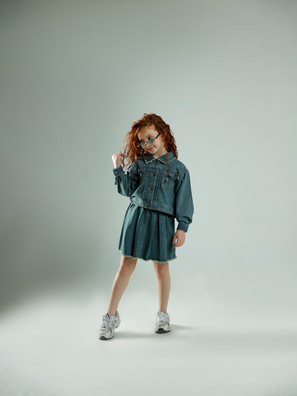 طقم جاكيت جينز وتنورة كسرات