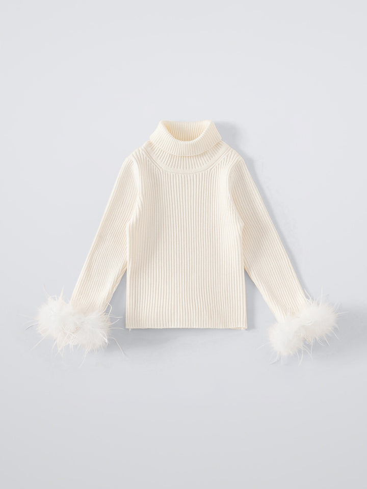 RIBBED KNIT TOP WITH FEATHER CUFFS
