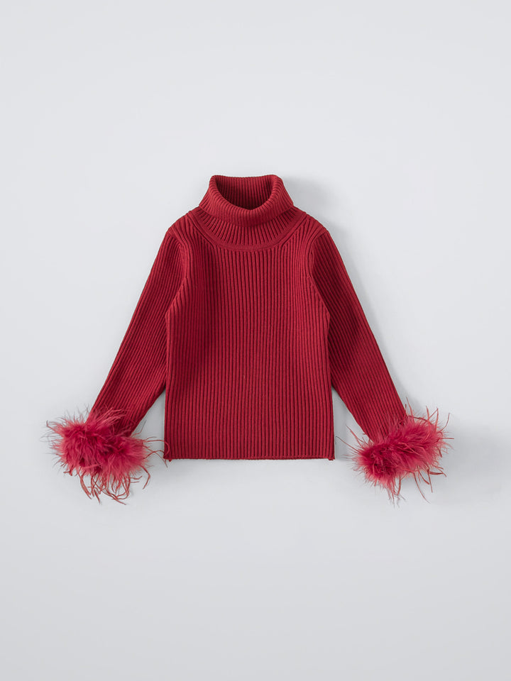 RIBBED KNIT TOP WITH FEATHER CUFFS